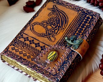 Dragon Leather Journal with Purple Gemstone – Handmade Wiccan Grimoire, Vintage Book of Shadows, Witchcraft Spellbook with Deckle Edge Paper