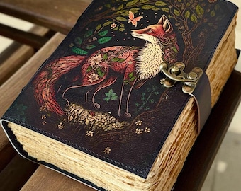 Diario Grimorio de Cuero Vintage: Libro Wiccan de las Sombras de 400 Páginas, Hecho a Mano, Libro de Hechizos de Brujería del Zorro Celestial, Diario Oculto Gótico Pagano