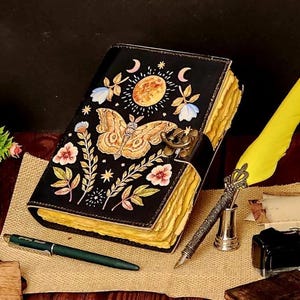Luna Moth Leather Journal Blank Book of Shadows Witchcraft Spellbook Wiccan Pagan Grimoire Magic Diary Handmade Witchy Writing Notebook Gift