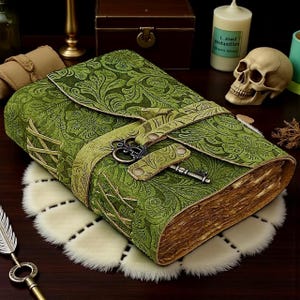 Handgefertigtes Grünes Lederbuch - Antikes Buch der Schatten mit 68% Vintage Büttenrand Papier, Wicca Zauberbuch Geschenk