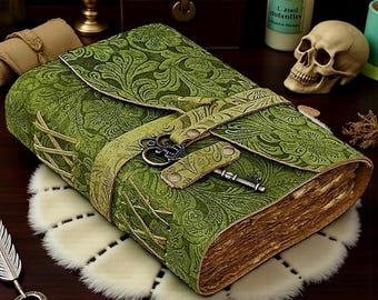 Handmade Green Leather Journal – Antique Book of Shadows with 68% Vintage Deckle Edge Paper, Wiccan Pagan Grimoire Witchcraft Spellbook Gift