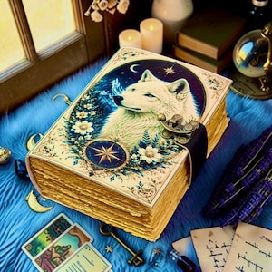White Wolf Grimoire Journal, Witchy Zauberbuch, Buch der Schatten, Fantasy Wolf Notizbuch, Celestial Moon Journal, Heidnisches Geschenk