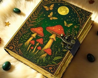 Pilz Leder Grimoire Journal Handgemachtes Zauberbuch der Schatten Wicca Witchcraft Pagan Magie Tagebuch Witchy Notebook Magical Lettering Geschenk