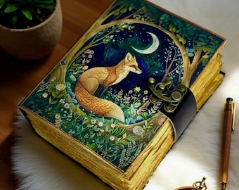 Fox Leather Grimoire Journal – Handgjord Wiccan Book of Shadows 400 Sidor Vintage Witchcraft Spellbook Hednisk Gotisk Magi Dagbok Present Anteckningsbok