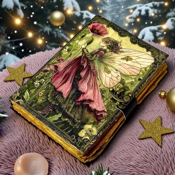Handmade Fairy Grimoire Leather Journal – Book of Shadows, Wiccan Spell Book, Witchcraft Diary, Unique Christmas Gift for Witch Lover