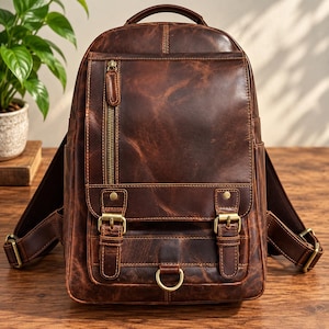 May include: A dark brown leather backpack featuring a vertical zippered front pocket, a flap closure secured with two brass-toned metal buckles, and a central D-ring. The bag includes adjustable shoulder straps and a top handle with visible stitching.