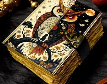 Owl Leather Journal – Handmade Gothic Grimoire Book of Shadows, 400 Pages Vintage Witchcraft Spellbook, Wiccan Pagan Magic Diary Occult Gift