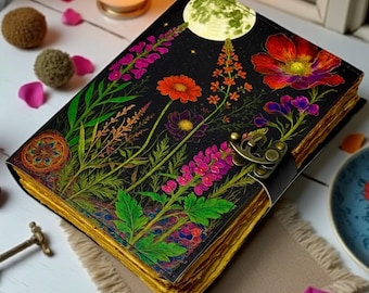 Moonlight Floral Leather Journal Handmade Book of Shadows Grimoire Wiccan Witchcraft Spellbook Pagan Magic Diary Witchy Notebook Gift All