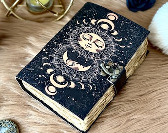 Grimorio de cuero Sol y Luna Libro vintage de las sombras Libro de hechizos en blanco Brujería wiccana Diario mágico pagano Cuaderno de brujas hecho a mano Regalo para ella