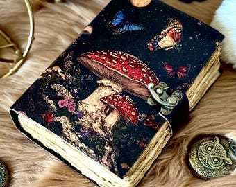 Handmade Mushroom Leather Grimoire Journal Spell Book of Shadows Wiccan Witchcraft Notebook Magical Diary Pagan Witchy Writing Gift for Her