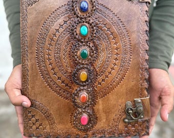 Extra Large Handmade Leather Journal Writing Notebook Unlined Paper Journal with lock Book of Shadows Seven stone Journal Gifts 13x10 Inches