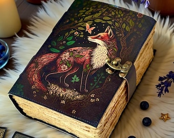 Fox vintage leren grimoire – handgemaakt Wicca spreukenboek met schaduwen notitieboek met 400 pagina's met randje en antieke hekserijontwerp