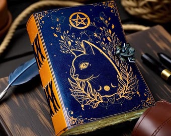 Grimoire Journal Celtic Cat Leather Notebook Blank Spell Book of Shadows Witchcraft Sketchbook Pagan Magic Diary Leather Gifts for Him Her