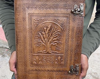Extra Large Leather Journal: Tree of Life Embossed Notebook with lock Book of Shadows  Christmas gift for him gift for friend 13x10 Inches