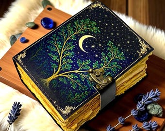 Leather Grimoire Journal – Moon & Tree of Life Book of Shadows, Handmade Wiccan Spellbook, Witchcraft Pagan Grimoire Vintage Occult Notebook