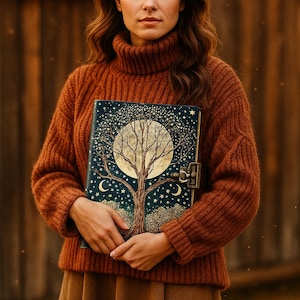 May include: A woman in a rust-coloured turtleneck sweater and brown skirt holds a decorative journal. The journal has a tree design with a full moon and stars on a dark blue background. It features a metal clasp.