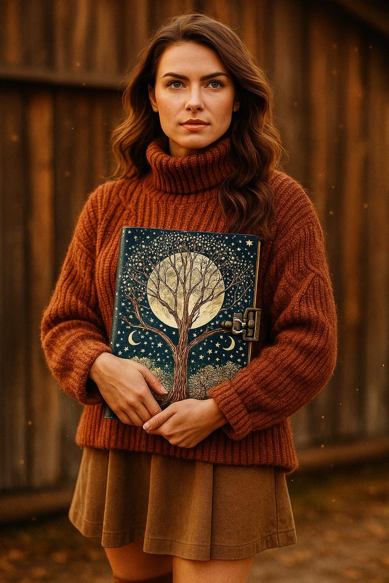 May include: A woman in a rust-coloured turtleneck sweater and brown skirt holds a decorative journal. The journal has a tree design with a full moon and stars on a dark blue background. It features a metal clasp.