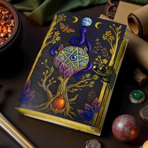 May include: A dark blue journal with gold-edged pages and a metal clasp. The cover features a tree design with purple leaves, a pentagram, a blue snake, and a moon and stars motif. A butterfly is also depicted.
