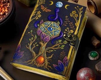 Libro de las Sombras de Cuero Hecho a Mano – Diario Grimorio de Pentáculo, Libro de Hechizos de Brujería Wicca, Cuaderno Oculto Gótico Pagano, Regalo Mágico Vintage