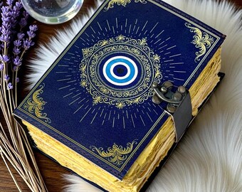 Handmade Evil Eye Leather Journal with lock, perfect as a Wiccan Grimoire, Spellbook or Tarot Diary. Unique gift for witches book of shadows