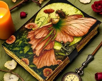 Fairy Leather Journal – Handmade Grimoire Book of Shadows with Lock Wiccan Witchcraft Spellbook Pagan Occult Notebook, Vintage Magical Gift