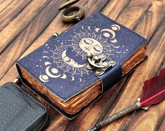 Vintage Sun & Moon Leather Journal Book of Shadows Blank Spell Book Witchcraft Wiccan Pagan Grimoire Magical Diary Handmade Witchy Gift