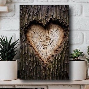 Póster impreso en lienzo con vista en forma de corazón sobre el tronco de un árbol, madera texturizada en forma de corazón, corazón sobre el tronco de un árbol, amantes de los árboles del bosque, decoración con forma de corazón de árbol
