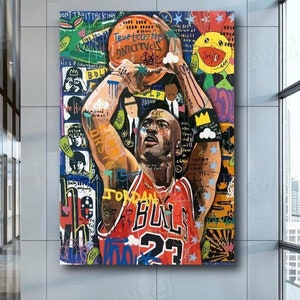 Arte de parede de grafite de basquete, impressão de arte de rua colorida, pôster de lenda icônica do basquete, presente de cesta de Banksy, decoração de parede de esportes, quarto infantil