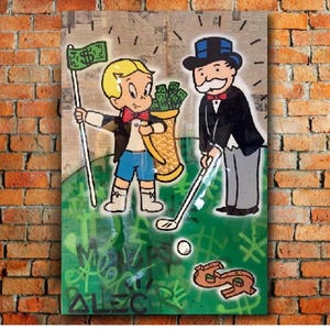 Alec Monopoly Golf Banksy Leinwand Poster Druck, Alec Monopoly inspiriert Kunstdruck "Golf spielen" Monopoly Mann Mode Poster, Banksy Wanddekor