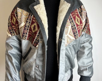 Unisex Vintage Aztec Jacket | Navajo Fur Coat | 90s Vintage Faux Leather Jacket | Aztec Navajo Fur Jacket | Bohem Oversize Bomber Jacket 80s