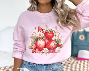 Erdbeere Sweatshirt, Geschenk für Foodie, Erdbeer-Liebhaber Geschenke, lustiges Erdbeere Sweatshirt, niedliche Erdbeere Rundhalsausschnitt Damen,