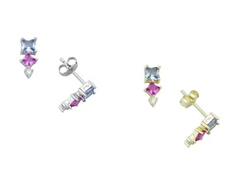 tiny ear climber earrings, small colorful stud earrings, unique vintage stud earrings, gemstone studs, mini geometric earrings, gift for her