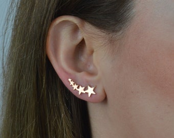 Étoiles de grimpeur d'oreille, or rose de grimpeur d'oreille, boucles d'oreilles célestes, boucles d'oreilles uniques faites à la main, boucles d'oreilles en argent sterling 925, cadeau d'anniversaire parfait