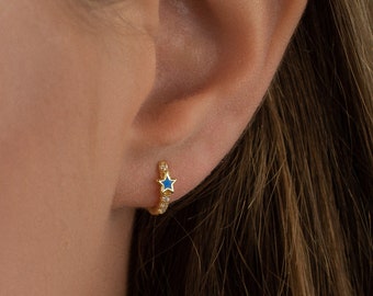 tiny hoop with a star, mini hoop earrings, gold huggie earrings, turquoise earring, second hole earring, modern earring, little hoop earring
