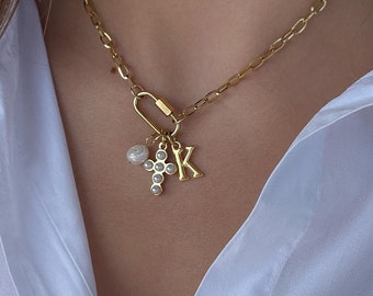 Custom Charm necklace, Gold dainty Carabiner necklace, initial Necklace for women, Personalized adjustable Jewelry, Christmas Gift for Her