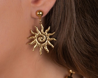 Pendientes de sol dorados, pendientes grandes de verano, joyas de playa, pendientes celestiales, joyas de espiral dorada, acero inoxidable, pendientes colgantes martillados