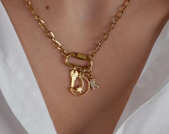 Custom Charm necklace, Gold Carabiner necklace, lock chain Necklace, DIY Personalized Jewelry, Christmas Gift for Her, adjustable necklace