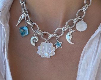 Custom Charm Necklace, Chunky Charm Necklace silver, summer beach Jewelry, Birthday Gift for Her, Personalized silver Necklace, shell moon