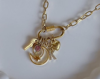 Custom Charm necklace, Gold tiny Carabiner necklace, lock chain Necklace, Personalized Jewelry, Christmas Gift for Her, paperclip necklace