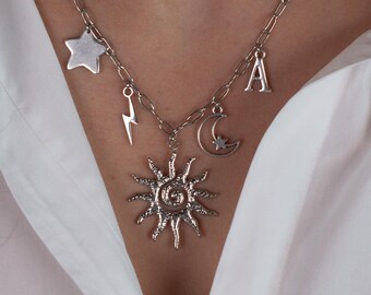 aangepaste boho-bedelketting, gepersonaliseerde eerste ketting zilver, grote zon maan ster hemelse ketting, unieke handgemaakte ketting vrouwen