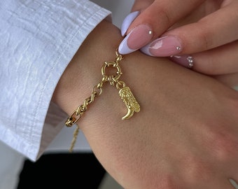 gold cowboy boot Charm Bracelet, Chunky Link Chain Bracelet, western bracelet, modern summer jewelry, stacking festival bracelet adjustable
