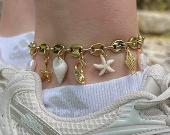 breloques de bracelet de cheville, bracelet de breloques personnalisé, gros bracelet de cheville en or, chaîne de bracelet de cheville, bracelet de cheville de plage, bijoux personnalisés, cadeau pour elle