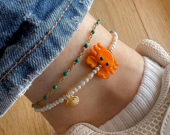 Boho Perlen Fußkettchen, buntes Sommer Fußkettchen, süßes Krabben Fußkettchen, Strand Schmuck, tropisches Perlen Fußkettchen, Muschel Fußkettchen, Türkis Fußkettchen