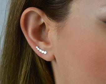 sterling silver 925 ear climber, ear climber earrings silver, small gold earrings, geometric earrings in circle shape, minimalist jewelry