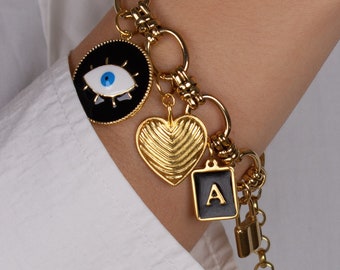 build Your Own Custom Charm Bracelet, Chunky Chain gold Bracelet, Vintage Charm Jewelry, Gift for Her, Personalized Initial Bracelet luxury