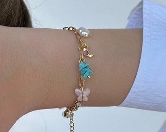 Gouden aangepaste bedelarmband, beginletterarmband, maak uw eigen gepersonaliseerde sieraden, verjaardagscadeau voor haar, vintage bedelarmband