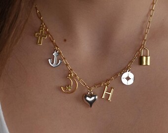 mixed metal silver gold necklace, two tone chain necklace, multi charms necklace, gift for her, trendy necklace, initial monogram necklace