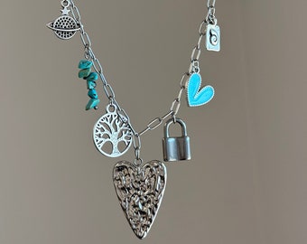 Personalisierte silberne Halskette, klobige Türkis Charm Halskette, Vintage Herz Schmuck, Geburtstagsgeschenk für sie, personalisierte Silberkette