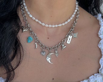 Silver boho charm necklace, turquoise summer beach necklace, stack necklace, freshwater pearl necklace, vintage jewelry, moon heart chunky