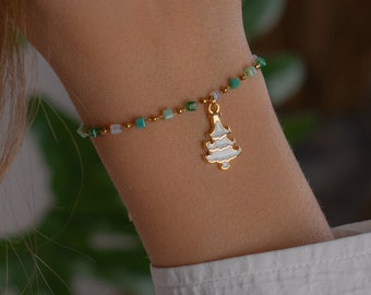 Christmas tree charm bracelet, new year gold plated charm bracelets, unique gift idea for girlfriend, festive happy cute bracelets for women